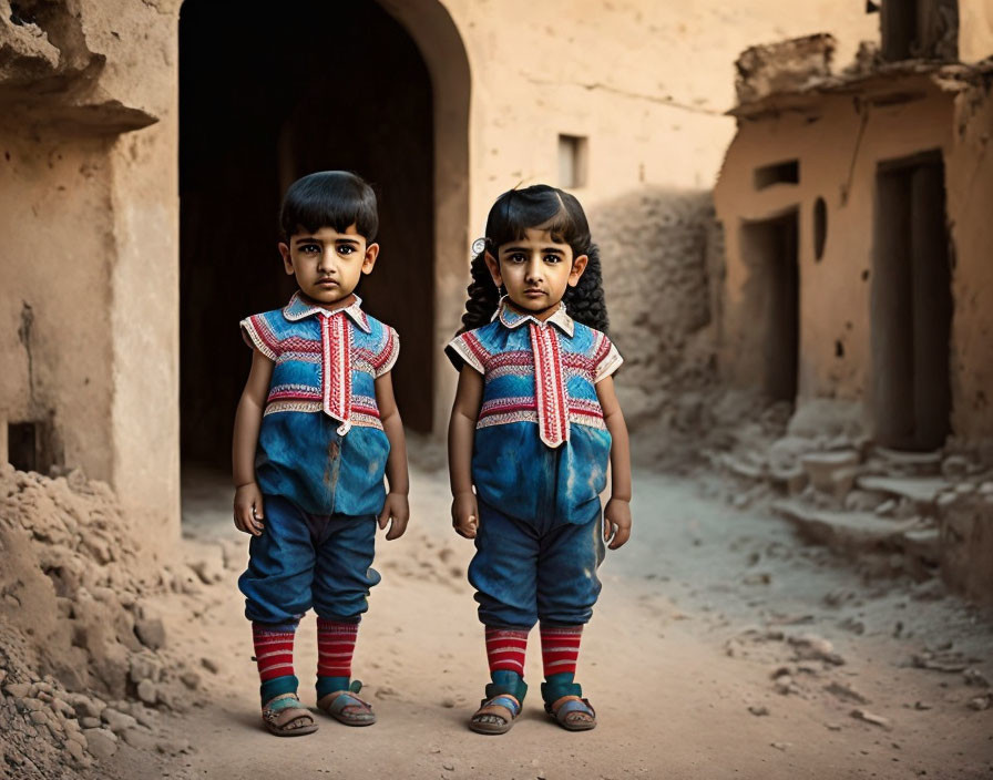 Matching Outfits: Twin Toddlers Holding Hands in Old Alley