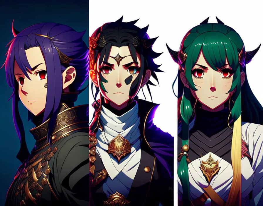 Three Anime Characters: Purple, Black, and Green Hair with Unique Attire