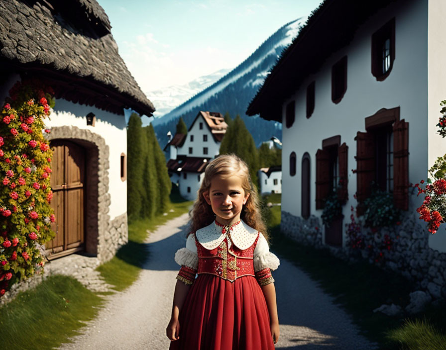 Traditional dress girl in village street with alpine houses and mountains