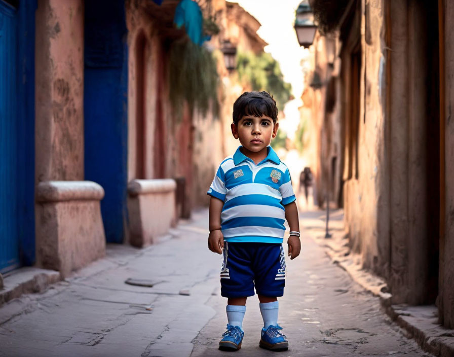 Curious toddler in striped shirt on narrow street with blue walls