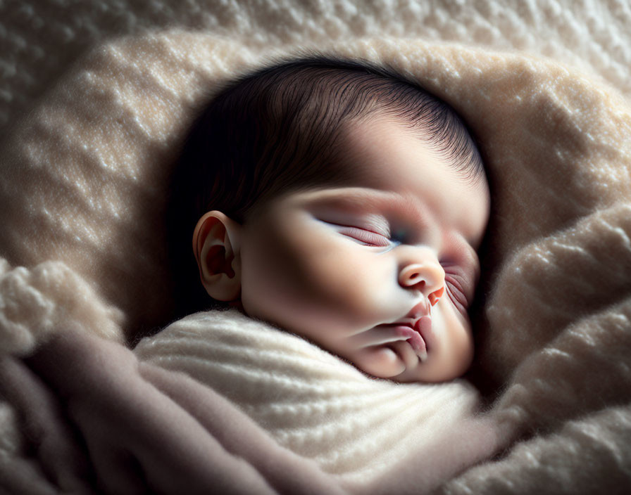 Sleeping infant wrapped in cream blanket with dark hair