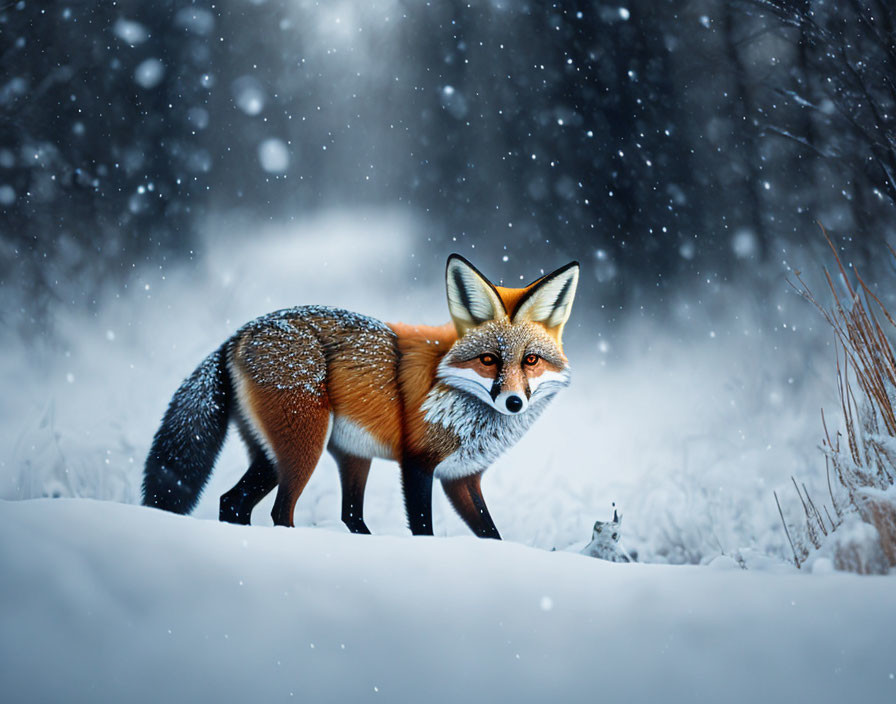 Red fox in snowy landscape with falling snowflakes