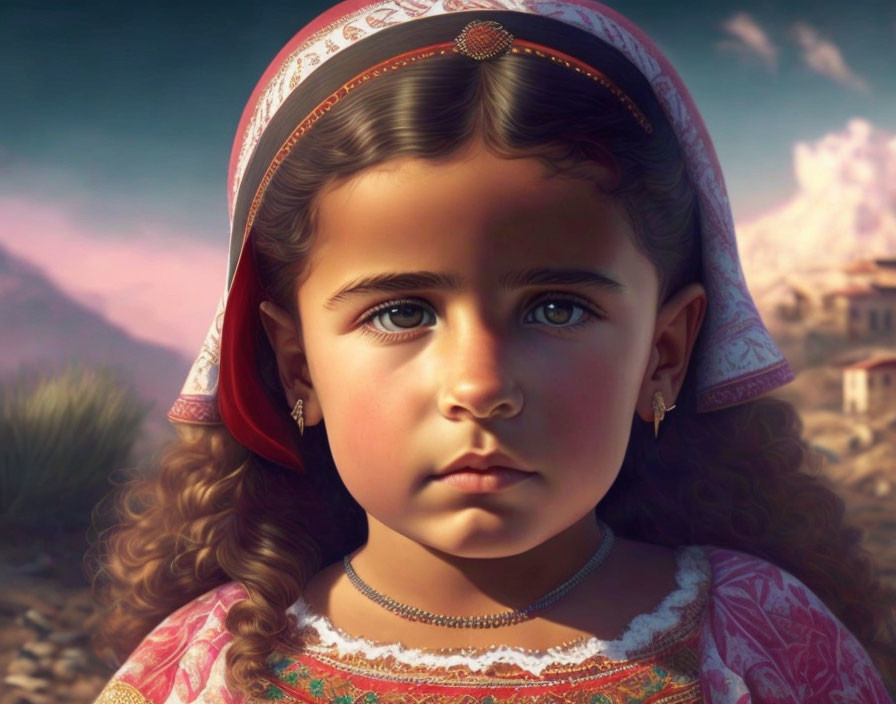 Digital painting of young girl in traditional clothing with big brown eyes & red headscarf.