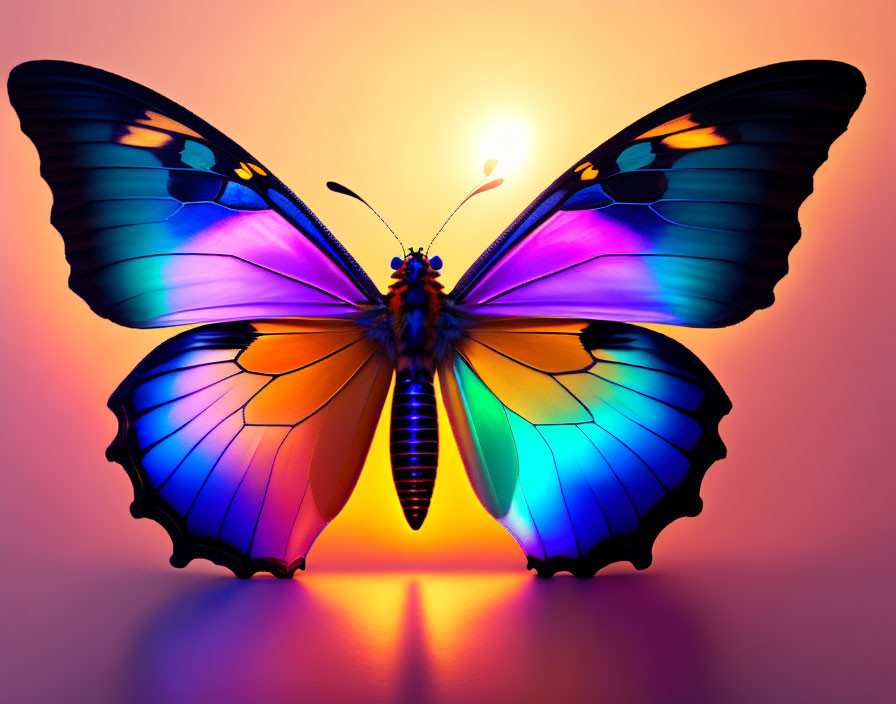 Colorful Butterfly with Spread Wings on Sunset Background