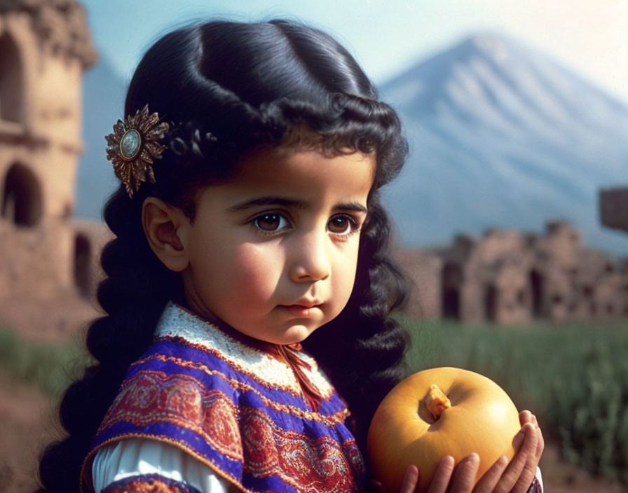 Young girl in braids with yellow fruit, traditional attire, mountains, and ruins.