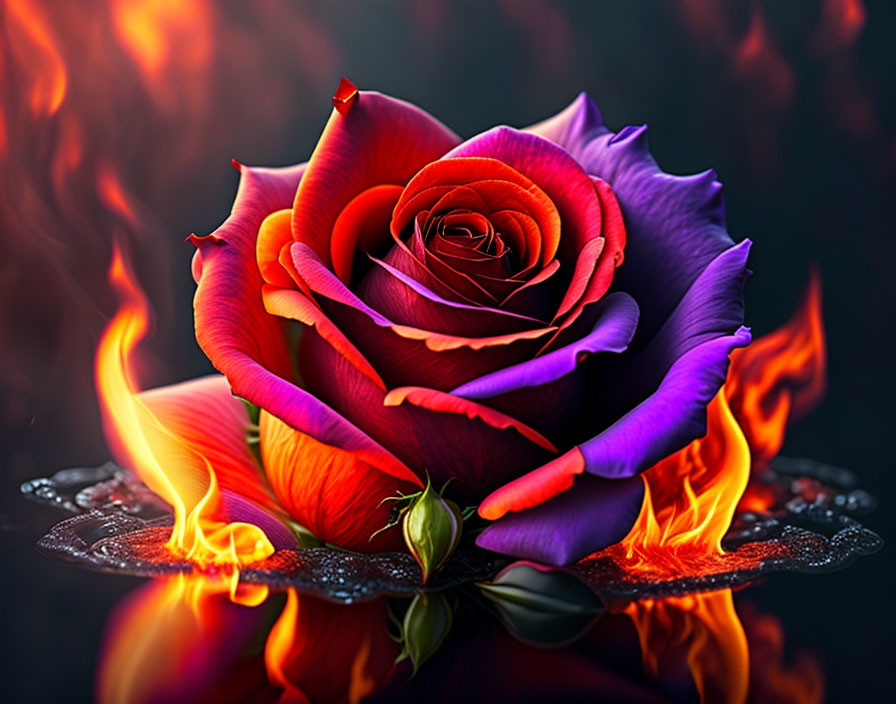 Vibrant multicolored rose surrounded by flames on dark glossy surface