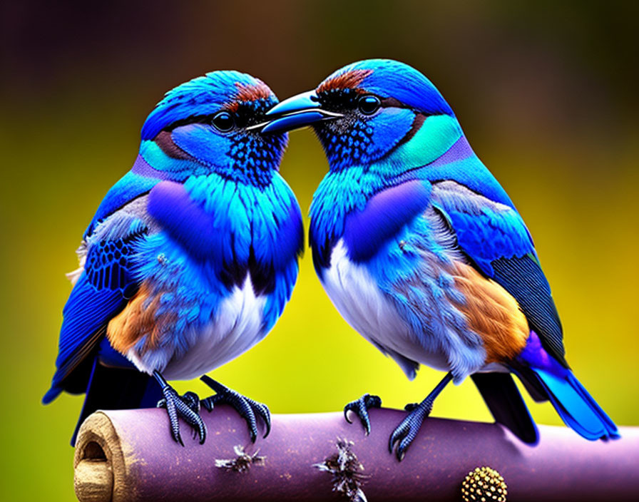 Vibrant blue birds with orange accents on branch, green and yellow background