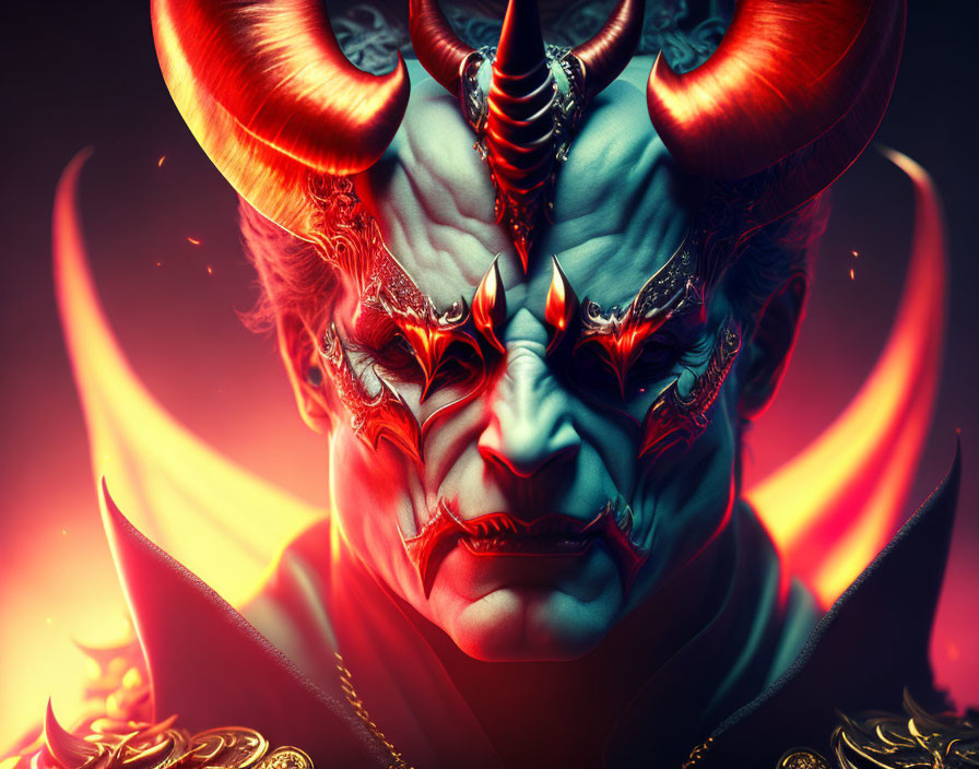 Blue-skinned character with red horns in golden armor on fiery backdrop