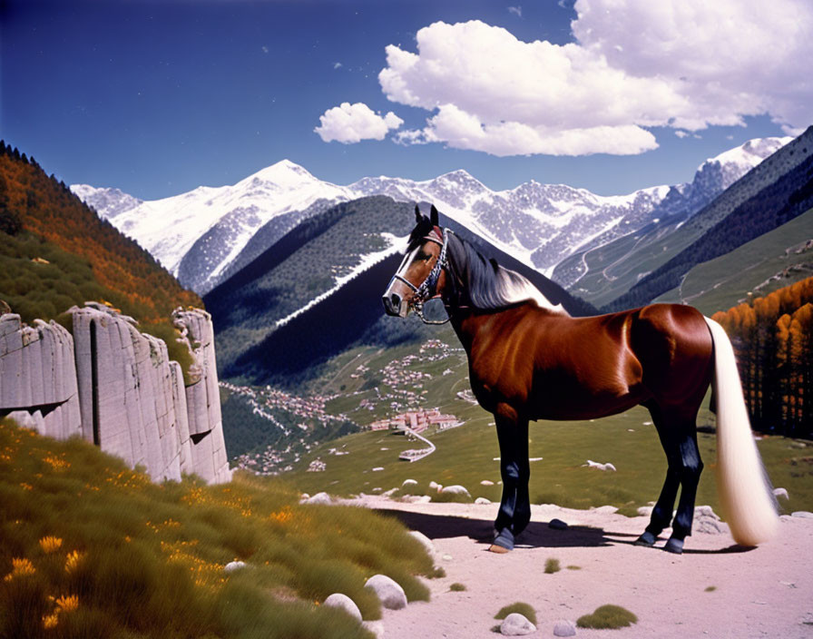 Brown horse with white blaze in lush valley with mountains & village.