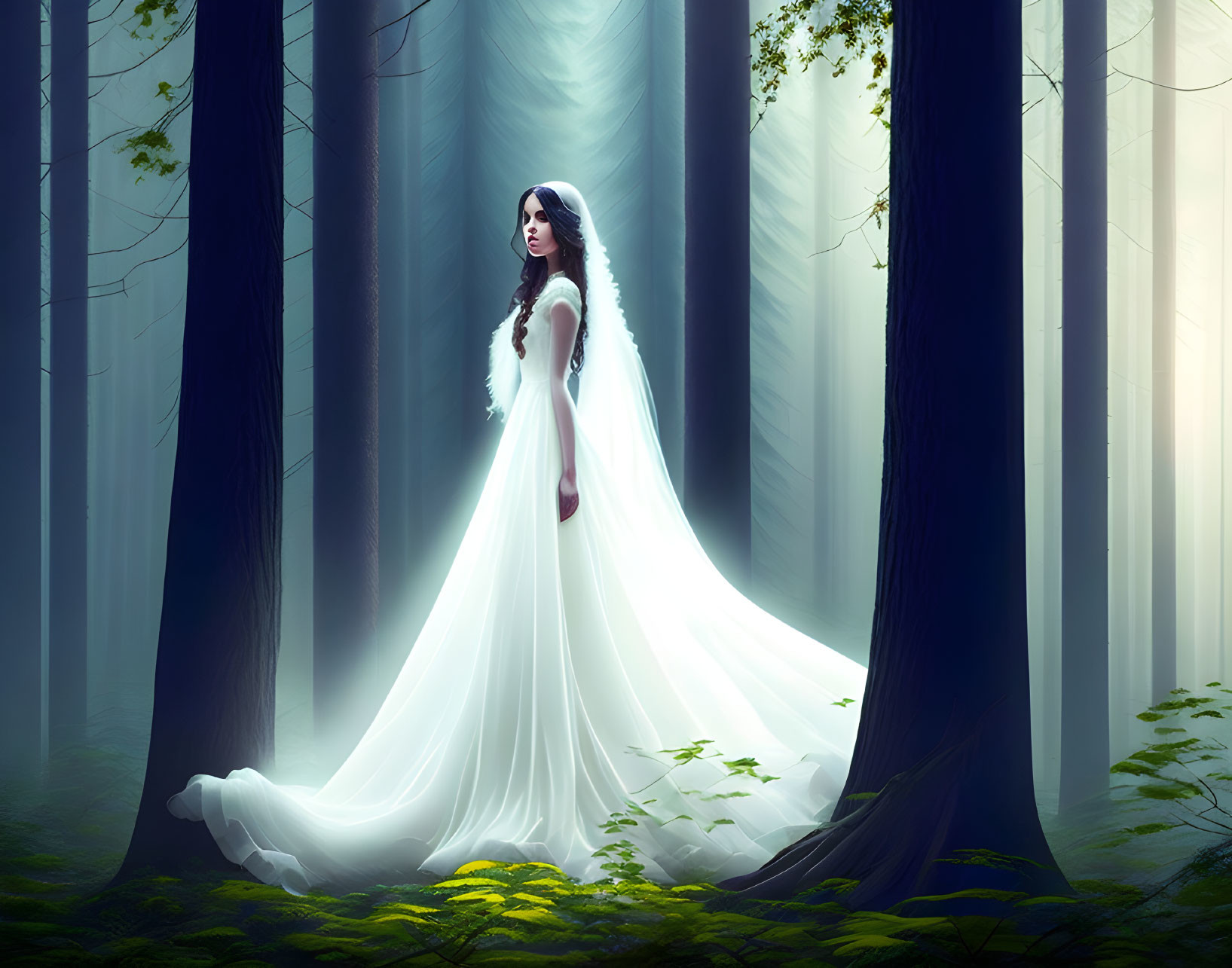 Woman in White Dress Standing in Misty Forest with Sunbeams