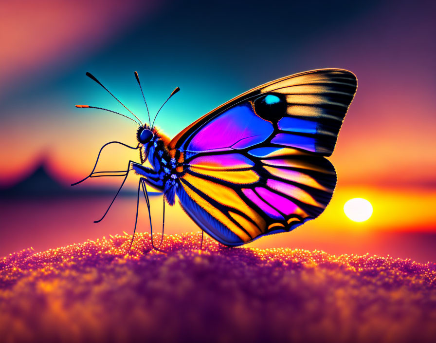 Colorful Butterfly Resting on Surface at Sunset