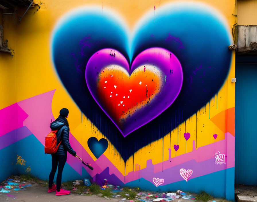 Person with Red Backpack in Front of Colorful Heart Mural