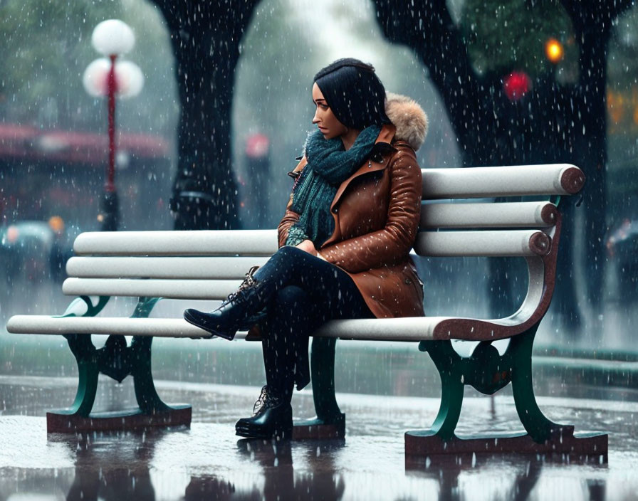Contemplative person sitting on park bench in snowfall wearing warm winter attire