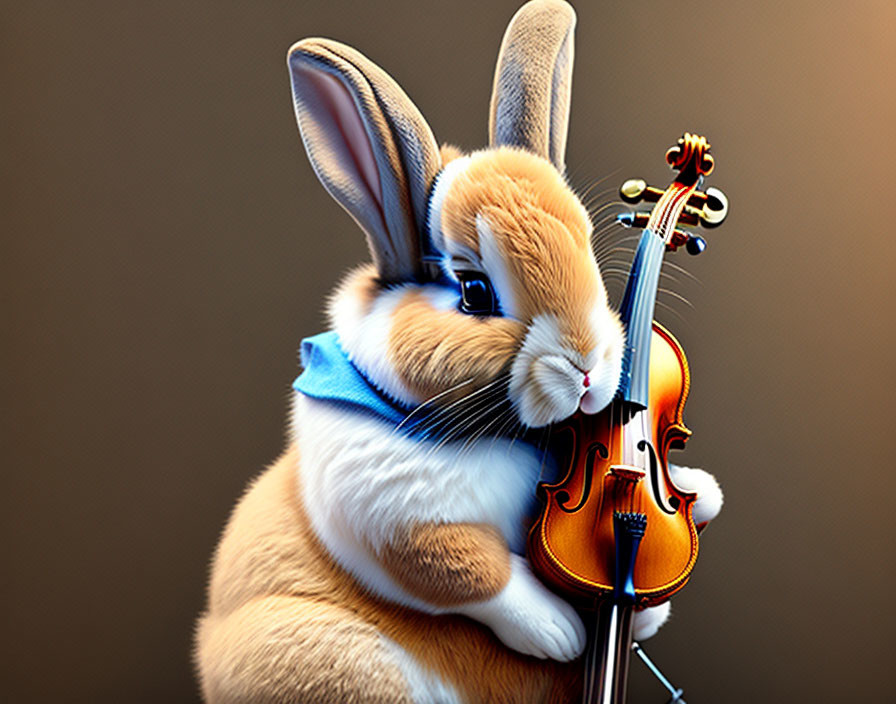 Blue-scarfed cartoon rabbit with violin and bow on brown background