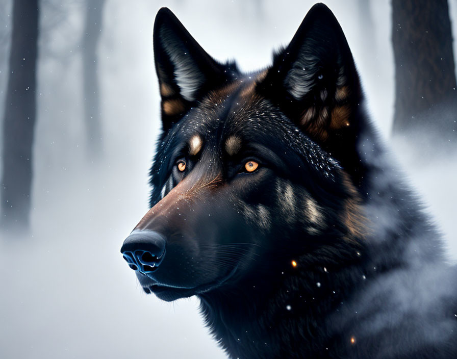 Black wolf with amber eyes in snowy forest with falling snowflakes