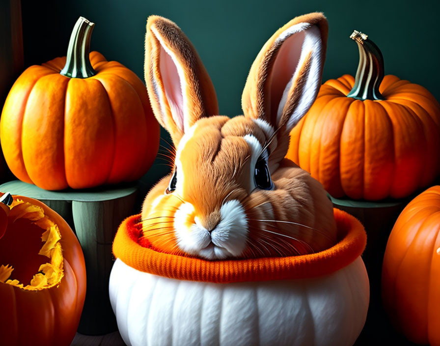 Brown rabbit with large ears in white pumpkin surrounded by orange pumpkins