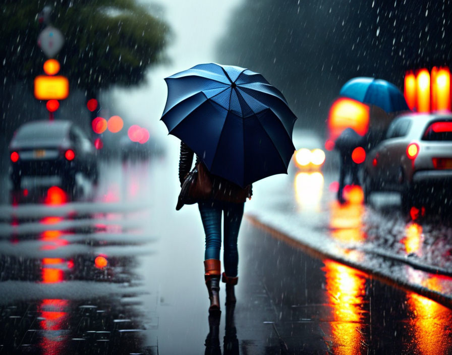 Pedestrian with blue umbrella on wet street at twilight.