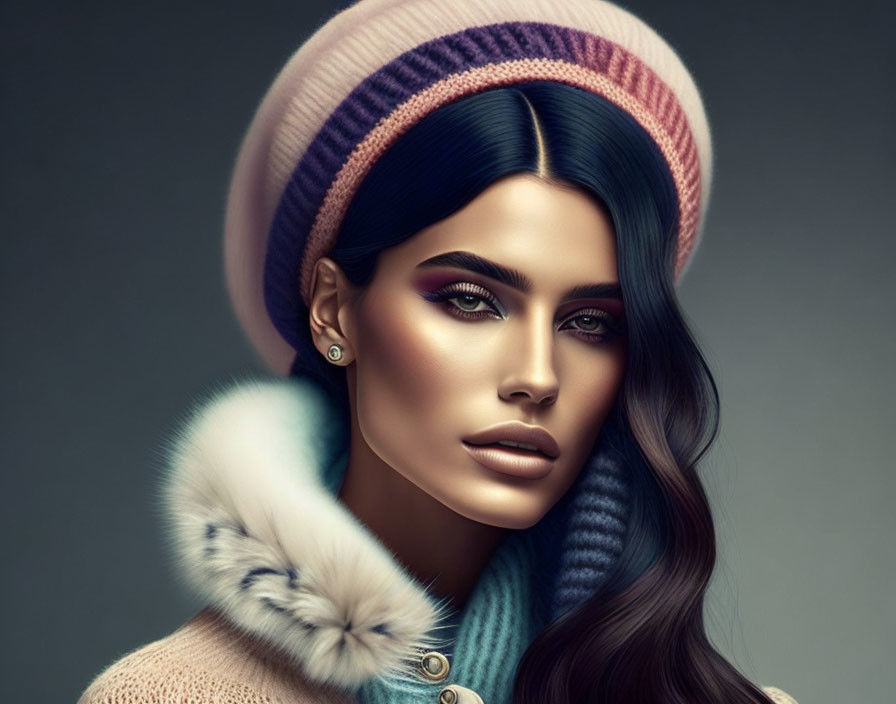 Colorful Knit Hat and Striking Makeup Portrait in Fur-Collared Coat