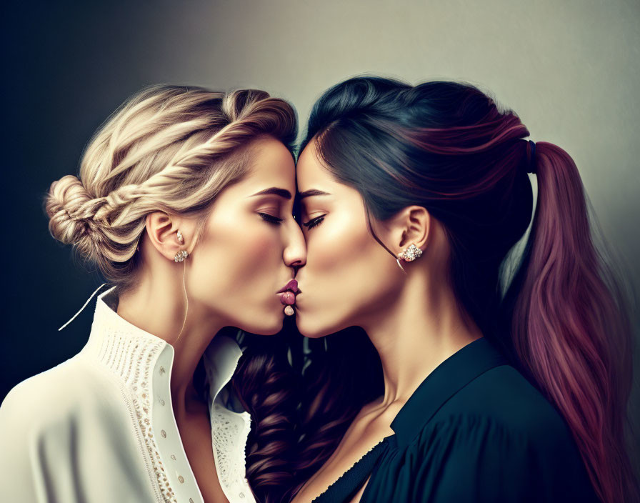 Women with elaborate hairstyles kissing passionately.