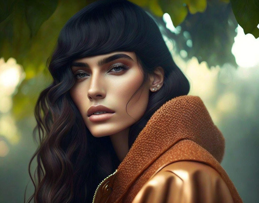 Woman with Long Dark Hair in Mustard-Colored Garment Poses under Leaf Canopy