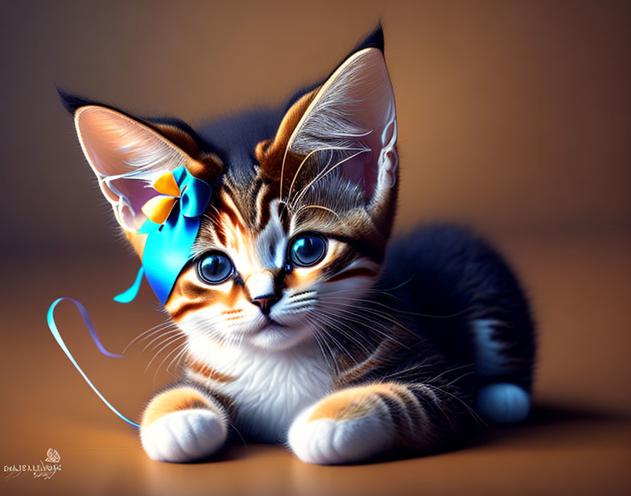 Hyper-realistic Illustration of Cute Kitten with Big Blue Eyes and Blue Ribbon