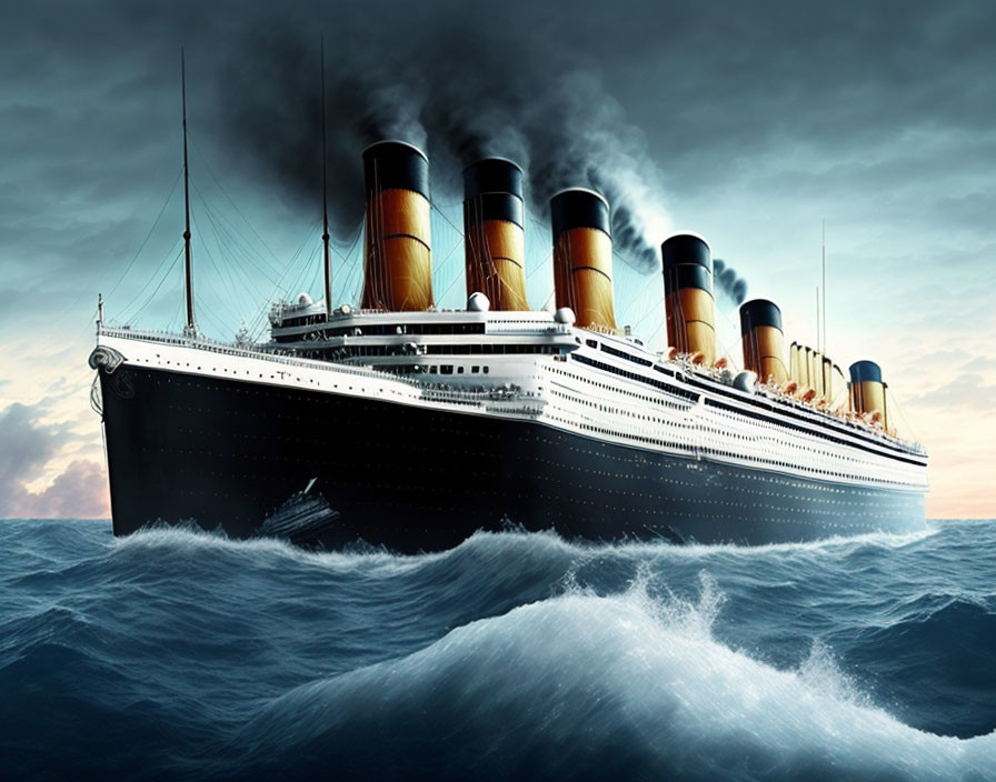 Vintage ocean liner with four funnels in turbulent sea under dramatic sky