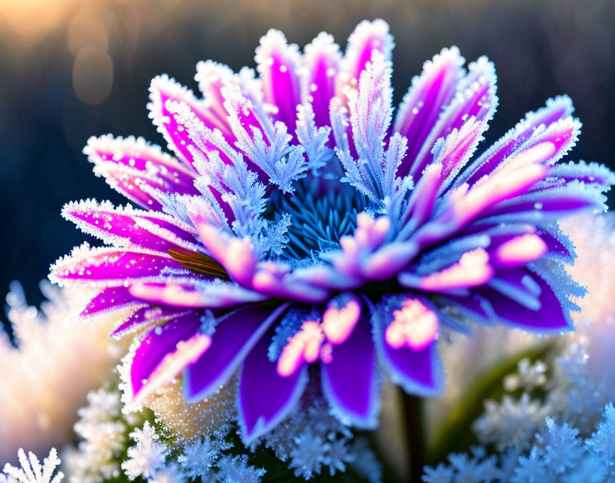 Purple flower with frost crystals in soft morning light