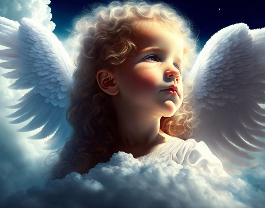 Child with angelic wings in celestial light gazing up peacefully