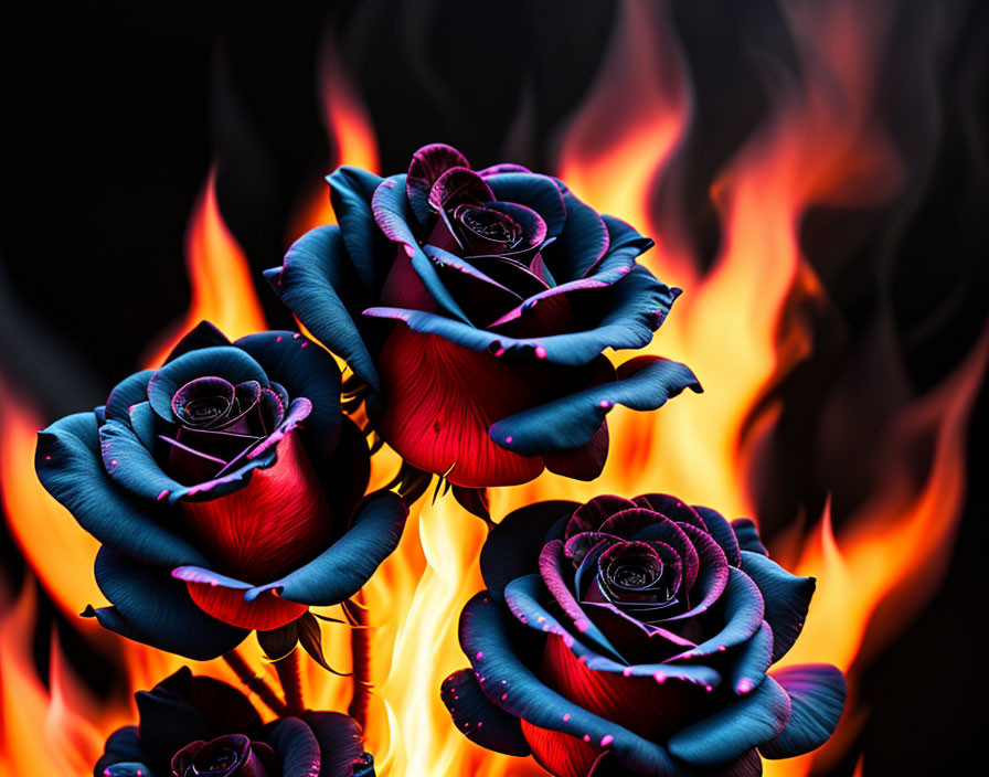 Dark roses with red petals against vibrant orange flames.