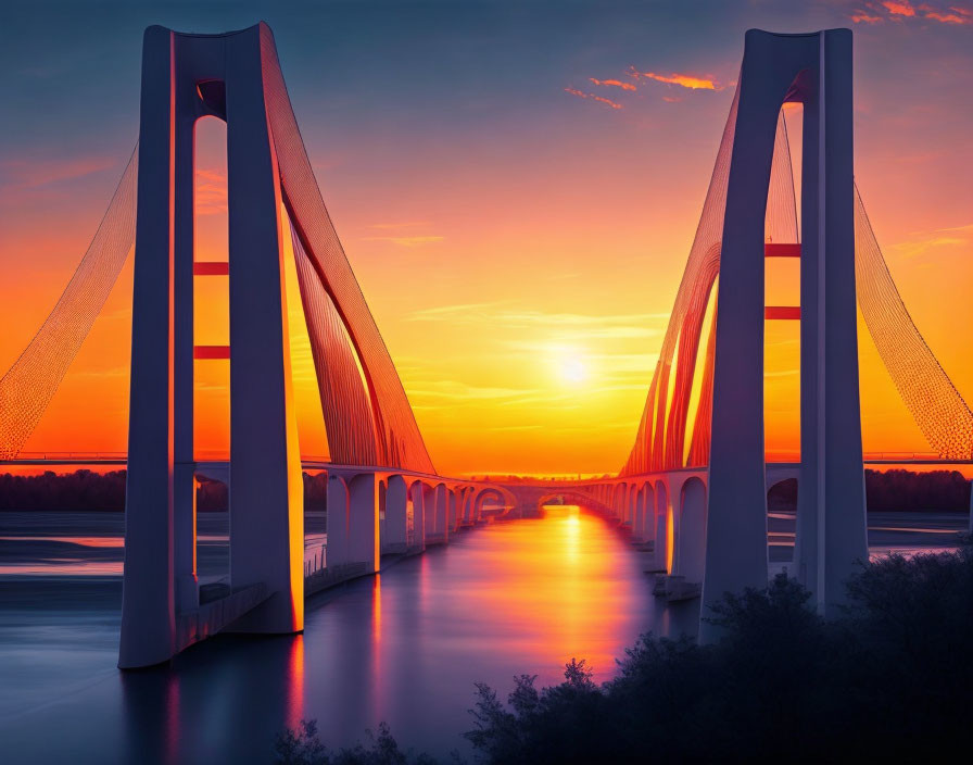 Modern Bridge with Large White Pillars Over Calm River at Vibrant Sunset