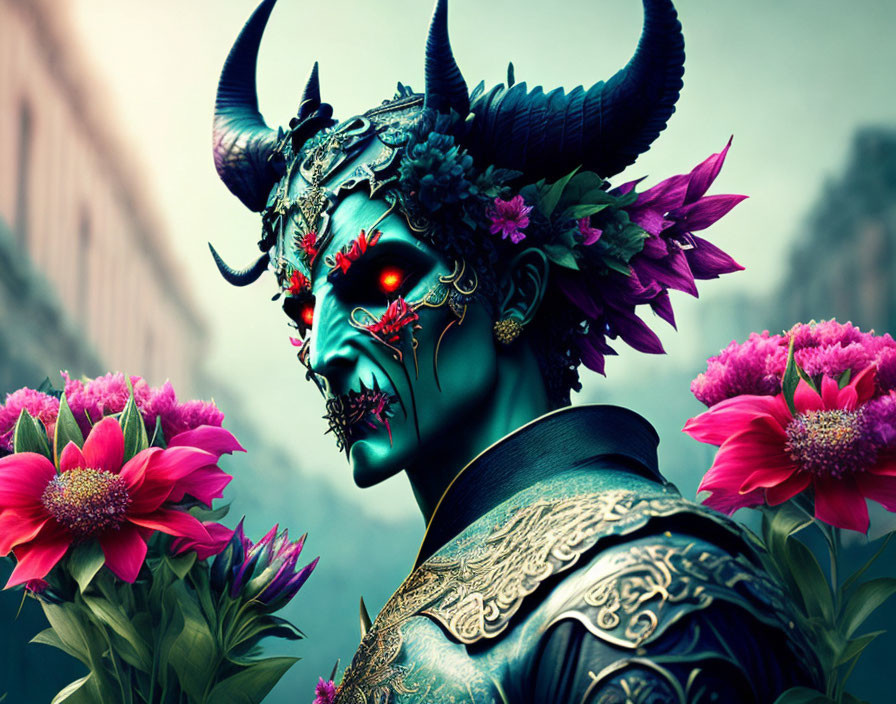 Character with Blue Skin and Glowing Red Eye in Ornate Armor Amidst Flowers