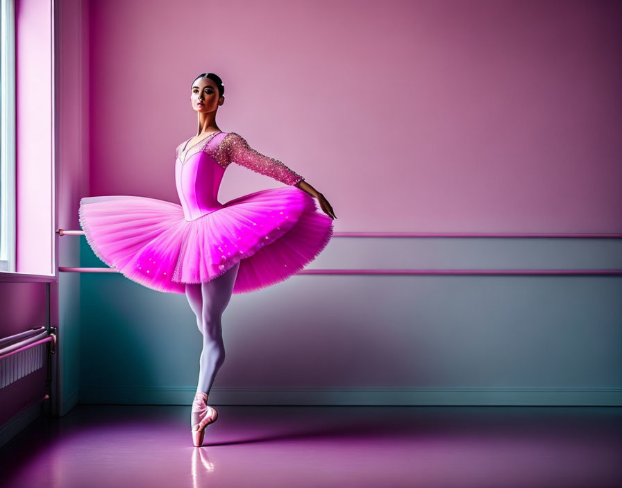 Ballerina in pink tutu and pointe shoes in pink-walled dance studio