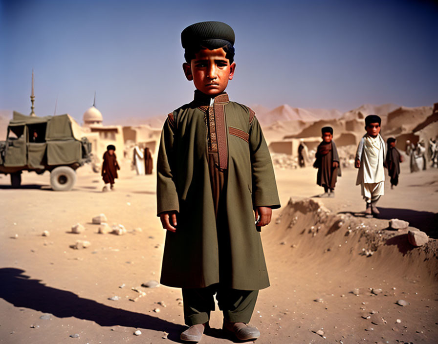 Confident young boy in traditional attire with dusty landscape and people.