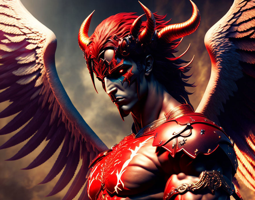 Fantasy character with red armor, horns, blue eye, white wings on dark background