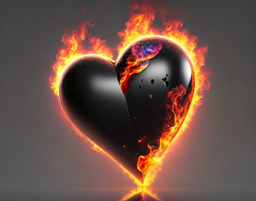 Black Heart Surrounded by Flames on Gray Background