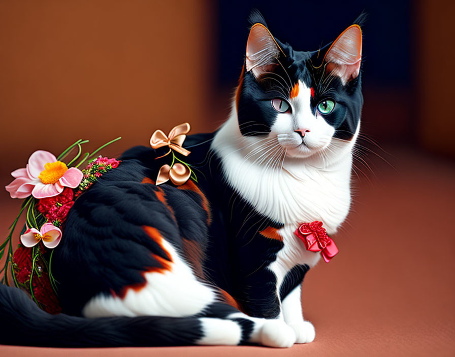 Tricolor Cat with Floral Tail Decoration on Orange Background