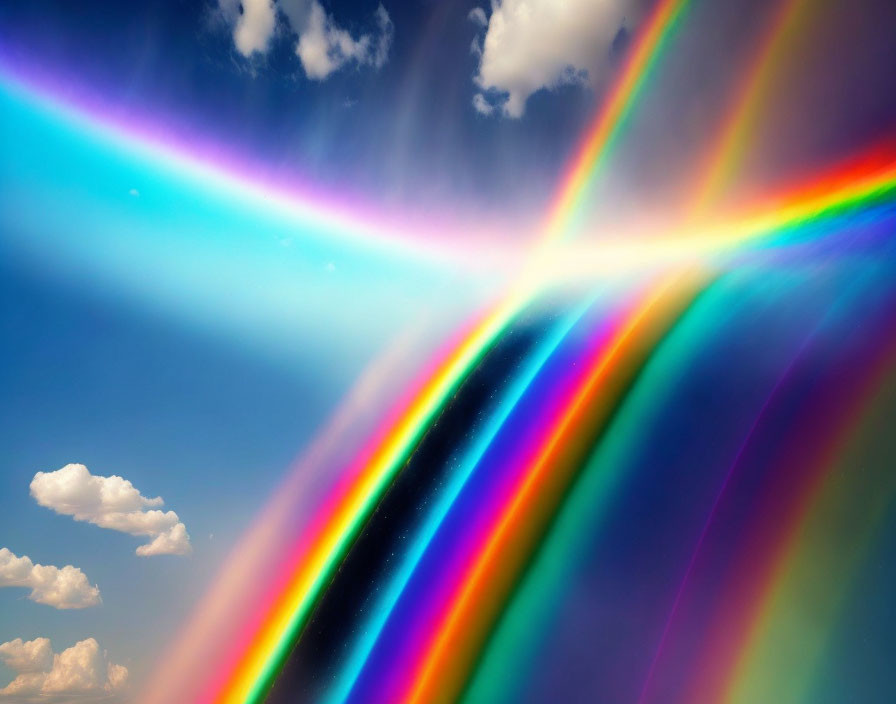 Vibrant rainbow over blue sky with fluffy clouds and sun rays