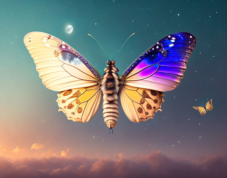 Colorful butterfly with jewel-like wings in twilight sky