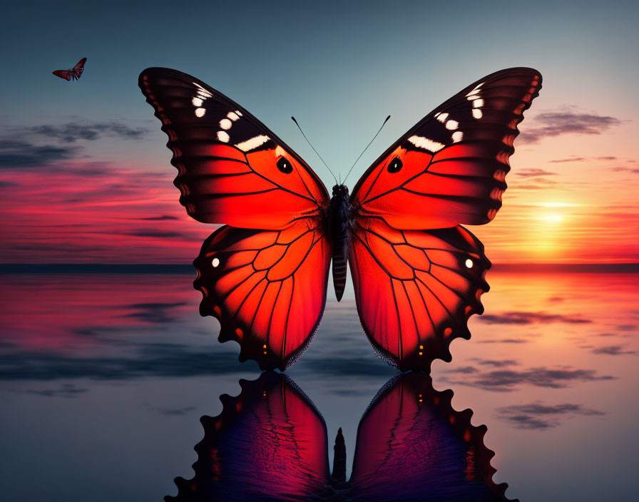 Orange butterfly with black and white markings over sunset waters