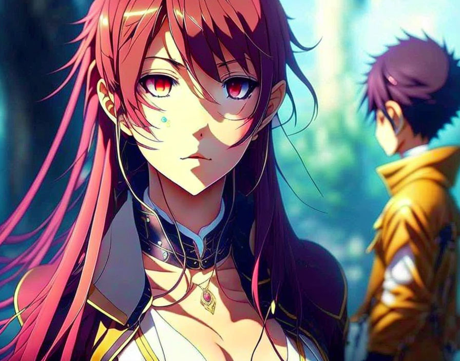 Anime-style image: Female character with pink hair and heterochromia, male character in background