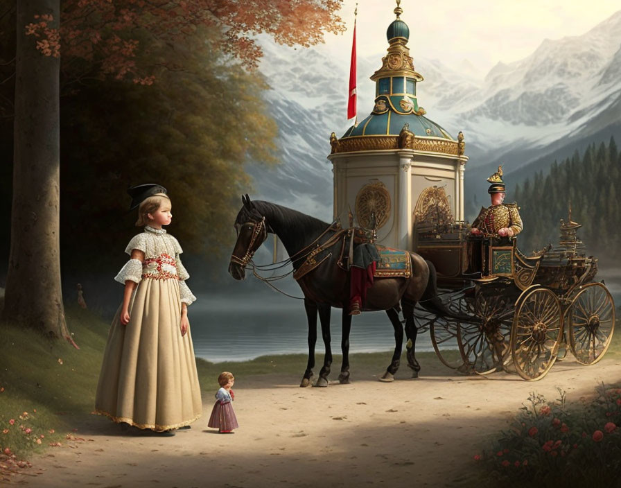 Girl with doll near horse and carriage in autumn forest.