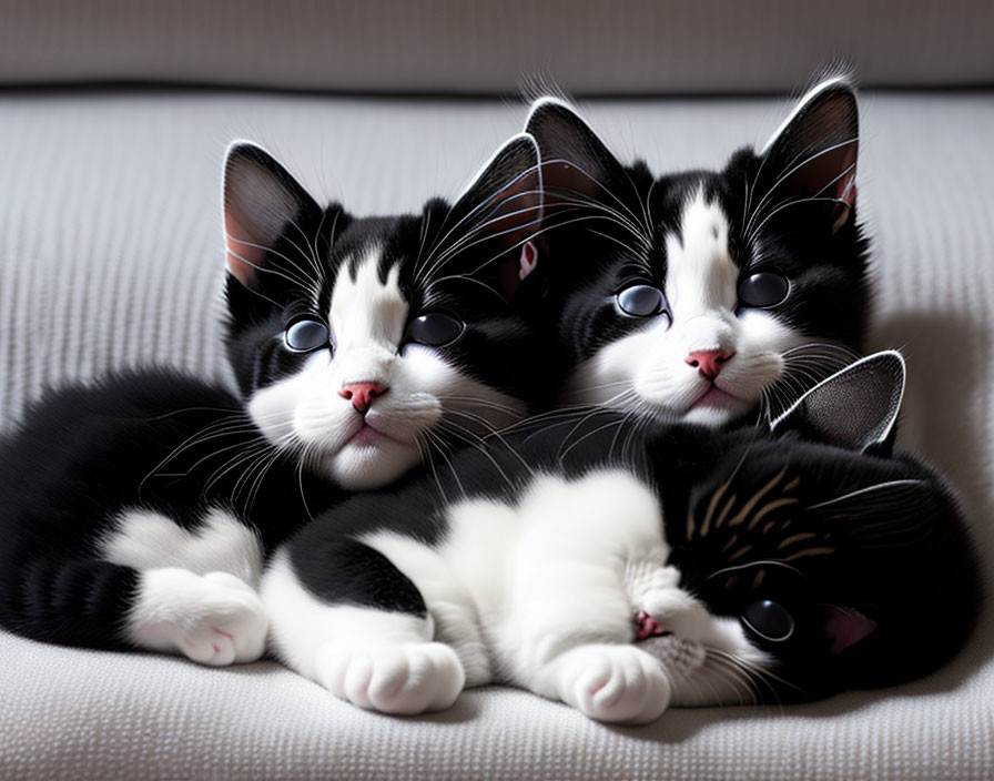 Three Black and White Kittens with Blue Eyes on Grey Sofa