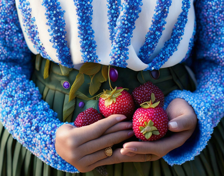 Person holding ripe strawberries in hands, wearing blue and white beaded top and green skirt.