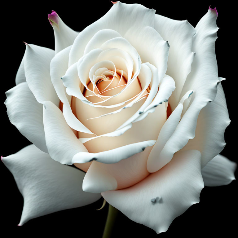 Pristine white rose with peach tones on dark background