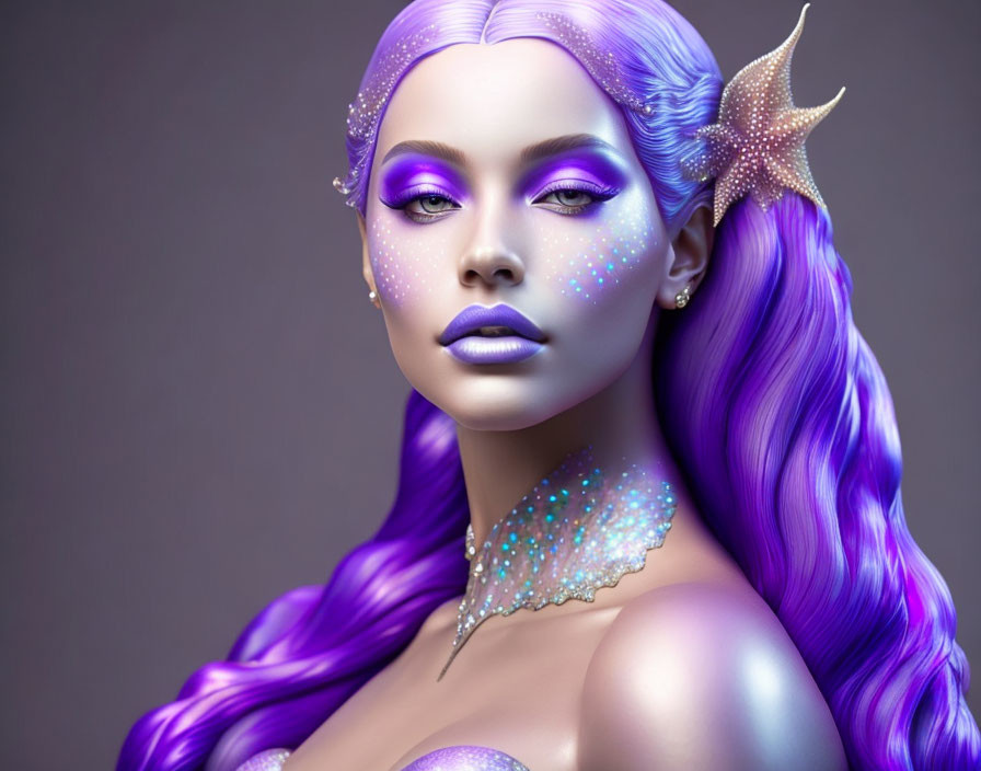 Digital Artwork: Woman with Purple Hair, Iridescent Skin, Starfish Accessory, Fantasy