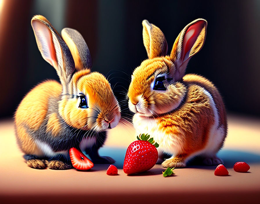 Stylized animated rabbits with large eyes and a strawberry.