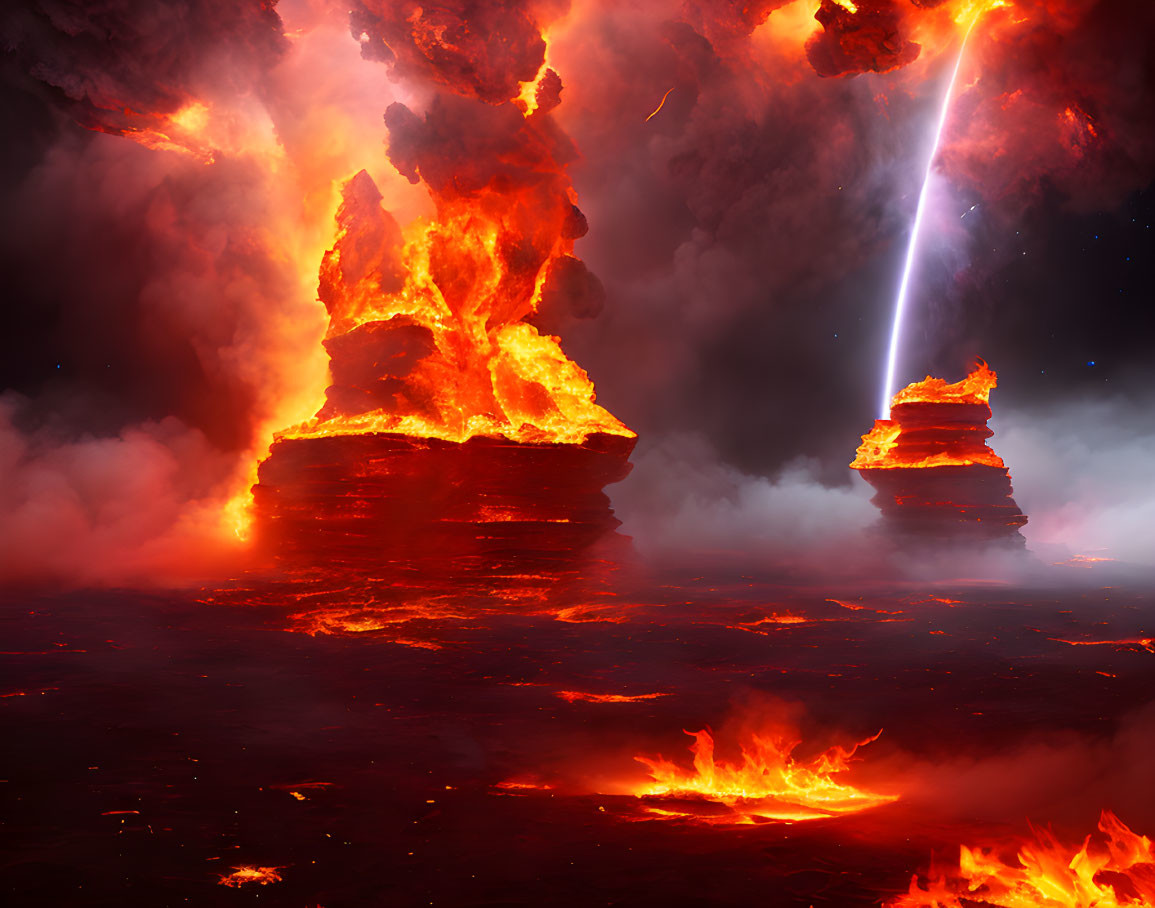 Dramatic volcanic landscape with lava formations, flames, and piercing light