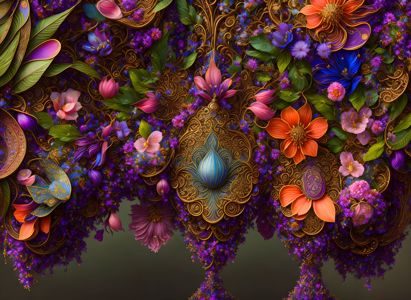 Detailed Floral and Ornamental Digital Artwork with Vibrant Flowers and Golden Patterns