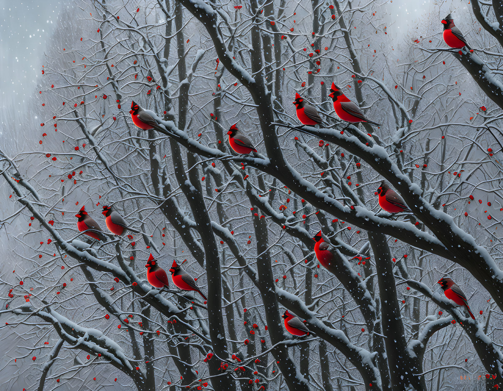 Snowy Winter Scene: Red Cardinals on Branches