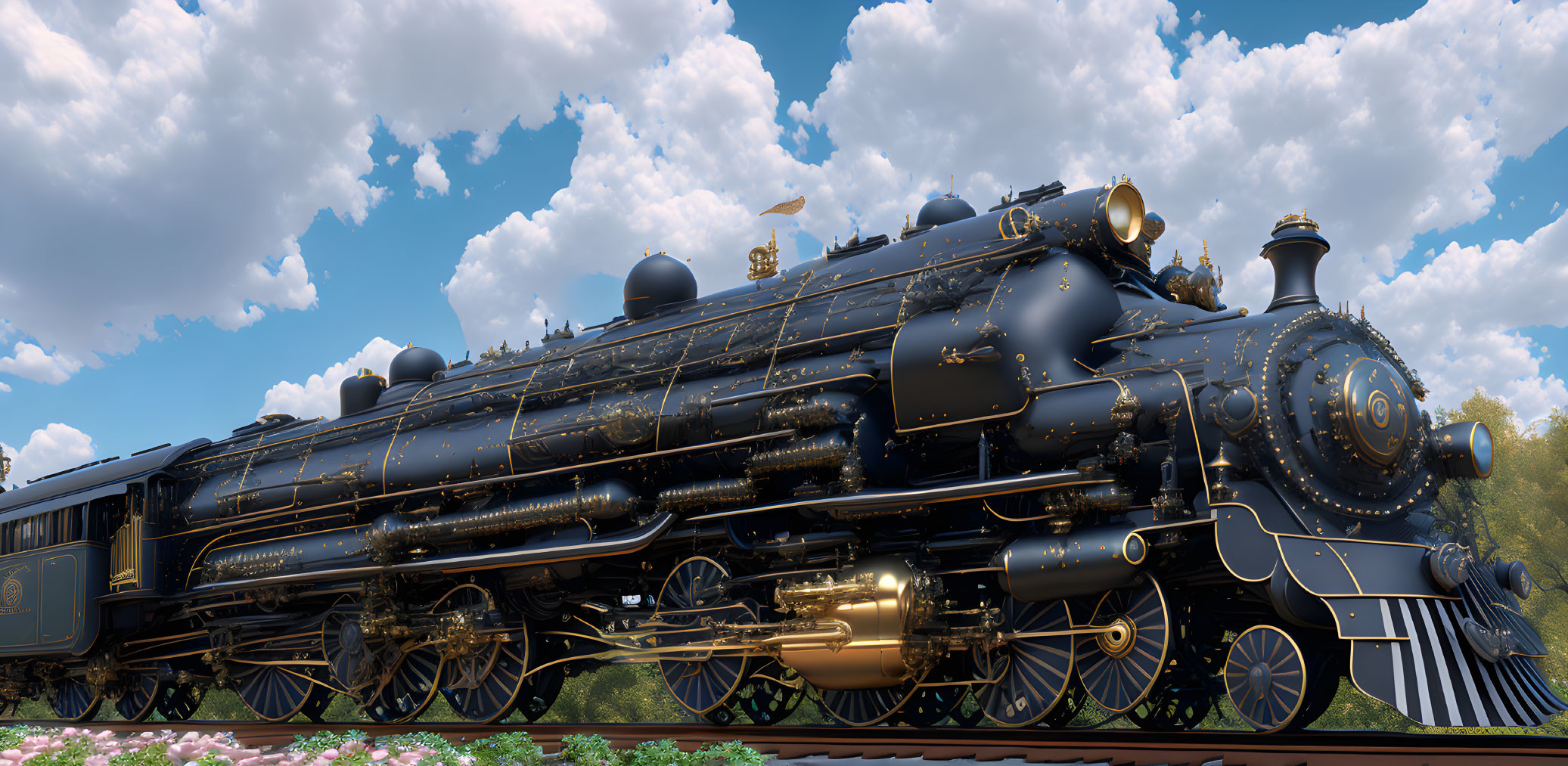 Detailed Vintage Steam Locomotive with Black and Gold Design